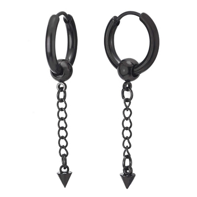 Mens Womens Stainless Steel Long Chain Spike Huggie Hinged Hoop Earrings Drop Dangle, 2 pcs - coolsteelandbeyond