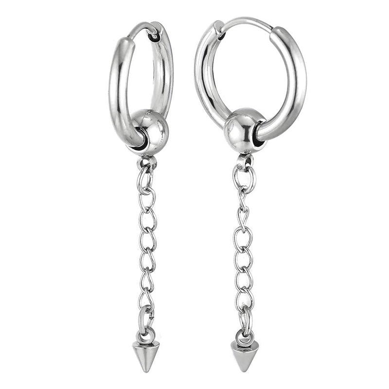 Mens Womens Stainless Steel Long Chain Spike Huggie Hinged Hoop Earrings Drop Dangle, 2 pcs - coolsteelandbeyond