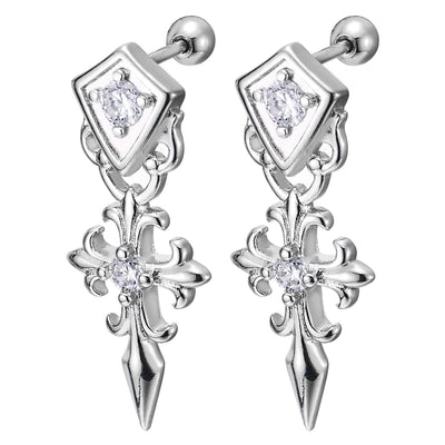 Mens Womens Stainless Steel Shield Fleur De Lis Sword Cross Stud Earrings with White CZ, Screw Back - COOLSTEELANDBEYOND Jewelry