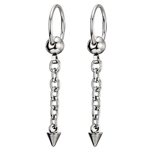 Mens Womens Stainless Steel Spike Chain Huggie Hinged Hoop Earrings Drop Dangle, 2 pcs - coolsteelandbeyond