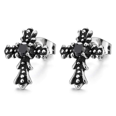 Mens Womens Stainless Steel Vintage Dotted Cross Stud Earrings with Black Cubic Zirconia, Exquisite - COOLSTEELANDBEYOND Jewelry