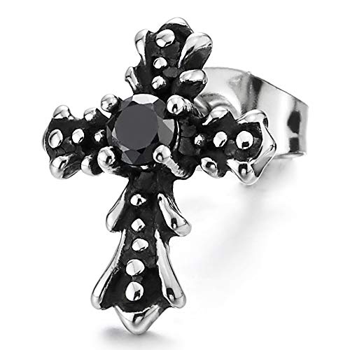 Mens Womens Stainless Steel Vintage Dotted Cross Stud Earrings with Black Cubic Zirconia, Exquisite - COOLSTEELANDBEYOND Jewelry