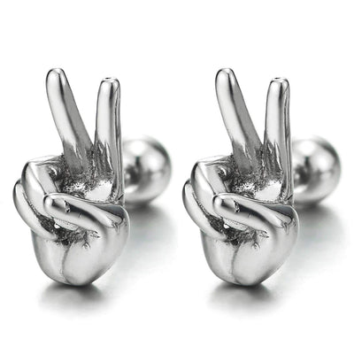 Mens Womens Stainless Steel Yeah Victory Peace Sign V Hand Gesture Stud Earrings, Screw Back, 2PCS - coolsteelandbeyond