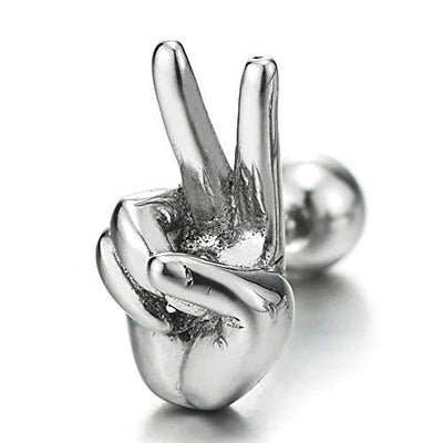 Mens Womens Stainless Steel Yeah Victory Peace Sign V Hand Gesture Stud Earrings, Screw Back, 2PCS - coolsteelandbeyond