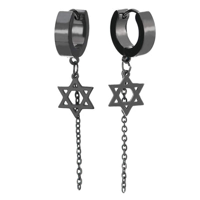 Mens Womens Steel Black Huggie Hinged Hoop Earrings with Dangling Star-of-David and Long Chain - coolsteelandbeyond