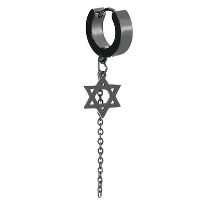 Mens Womens Steel Black Huggie Hinged Hoop Earrings with Dangling Star-of-David and Long Chain - coolsteelandbeyond