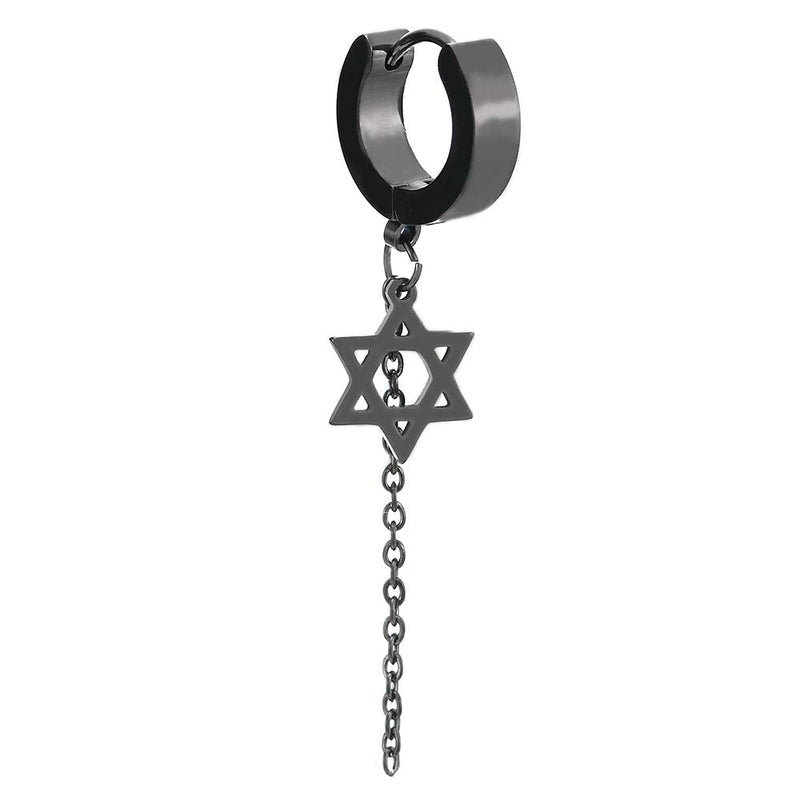 Mens Womens Steel Black Huggie Hinged Hoop Earrings with Dangling Star-of-David and Long Chain - coolsteelandbeyond