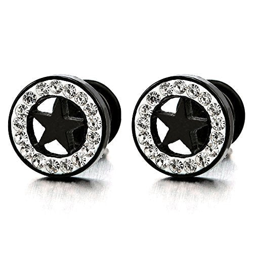 Mens Womens Steel Black White Circle Star Stud Earring Illusion Tunnel Plug Screw Back with CZ, 2pcs - coolsteelandbeyond