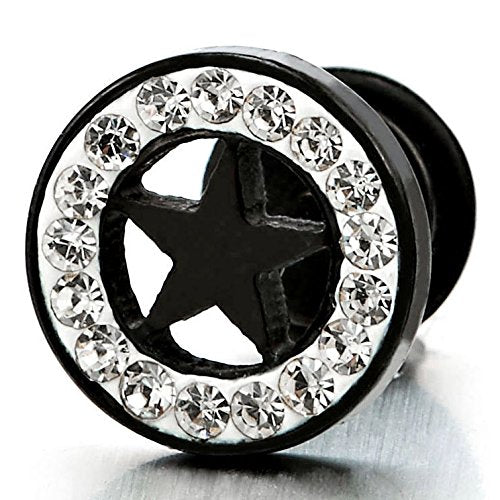 Mens Womens Steel Black White Circle Star Stud Earring Illusion Tunnel Plug Screw Back with CZ, 2pcs - coolsteelandbeyond