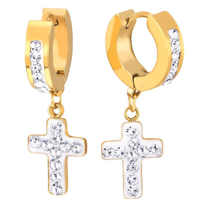 Mens Womens Steel Gold Huggie Hinged Hoop Earrings Dangling Cross with Cubic Zirconia, White Enamel - COOLSTEELANDBEYOND Jewelry