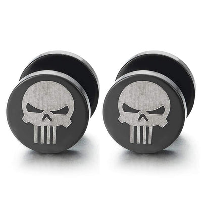 2 Mens Silver Black Punisher Skull Stud Earring, Steel Cheater Fake Ear Plugs Gauges Illusion Tunnel - coolsteelandbeyond