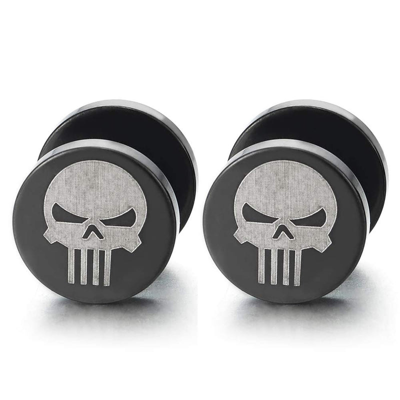 2 Mens Silver Black Punisher Skull Stud Earring, Steel Cheater Fake Ear Plugs Gauges Illusion Tunnel - coolsteelandbeyond