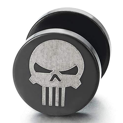 2 Mens Silver Black Punisher Skull Stud Earring, Steel Cheater Fake Ear Plugs Gauges Illusion Tunnel - coolsteelandbeyond