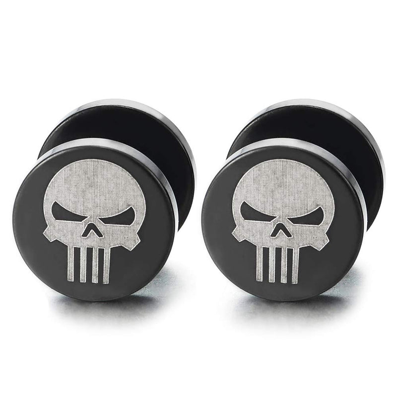 2 Mens Silver Black Punisher Skull Stud Earring, Steel Cheater Fake Ear Plugs Gauges Illusion Tunnel - coolsteelandbeyond
