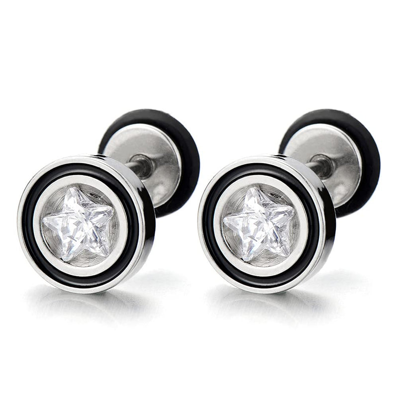 Mens Womens Stud Earrings Steel Illusion Tunnel Plug Screw Back with Star Shape Cubic Zirconia, 2pcs - COOLSTEELANDBEYOND Jewelry