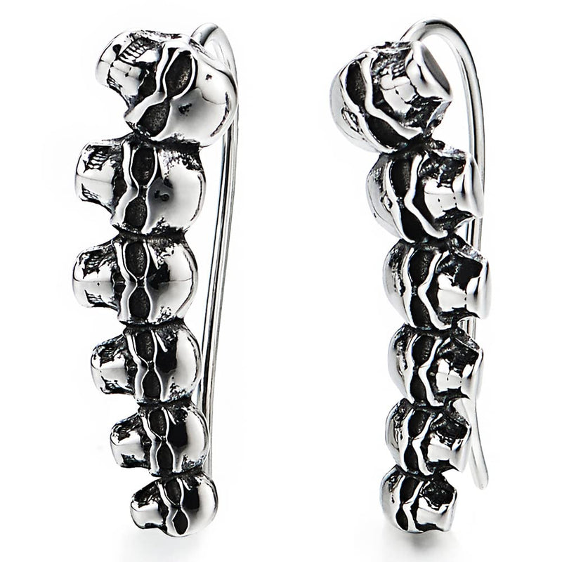 Mens Womens Vintage Line of Skull Long Hook Stud Earrings, Stainless Steel, Unique, 2pcs - COOLSTEELANDBEYOND Jewelry