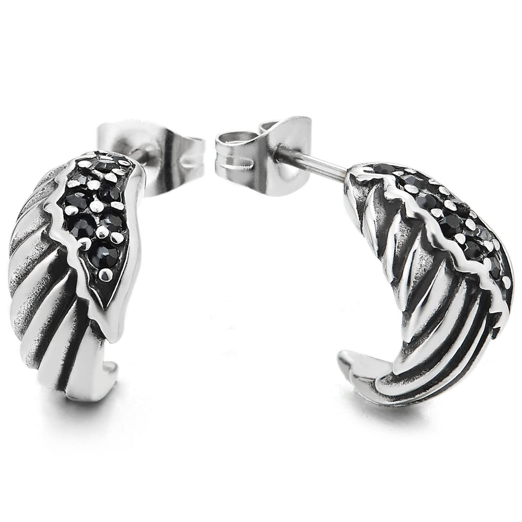 Mens Womens Vintage Wing Stud Earrings with Black Cubic Zirconia