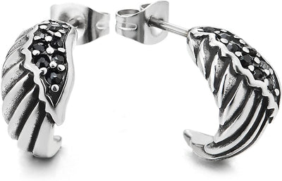 Mens Womens Vintage Wing Stud Earrings with Black Cubic Zirconia, Stainless Steel, Unique 2pcs - COOLSTEELANDBEYOND Jewelry