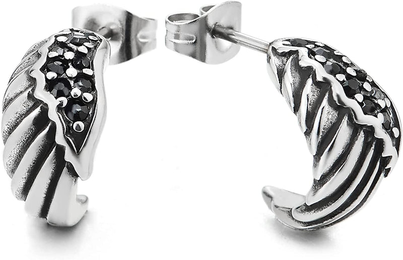 Mens Womens Vintage Wing Stud Earrings with Black Cubic Zirconia, Stainless Steel, Unique 2pcs - COOLSTEELANDBEYOND Jewelry