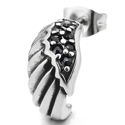 Mens Womens Vintage Wing Stud Earrings with Black Cubic Zirconia, Stainless Steel, Unique 2pcs - COOLSTEELANDBEYOND Jewelry