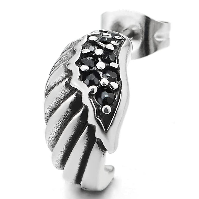 Mens Womens Vintage Wing Stud Earrings with Black Cubic Zirconia, Stainless Steel, Unique 2pcs - COOLSTEELANDBEYOND Jewelry