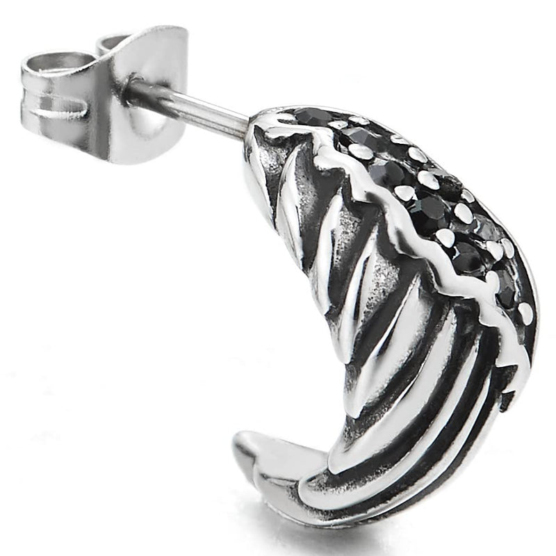 Mens Womens Vintage Wing Stud Earrings with Black Cubic Zirconia, Stainless Steel, Unique 2pcs - COOLSTEELANDBEYOND Jewelry