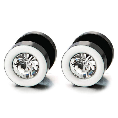 Mens Womens White Black Stud Earrings Steel Illusion Tunnel Plug Screw Back with CZ - COOLSTEELANDBEYOND Jewelry