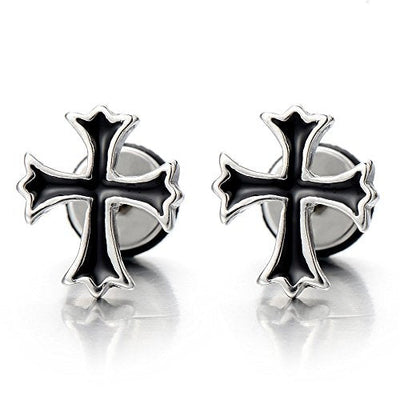 NEW Mens Womens Cross Stud Earrings in Stainless Steel with Black Enamel, Screw Back, 2 Pcs - coolsteelandbeyond