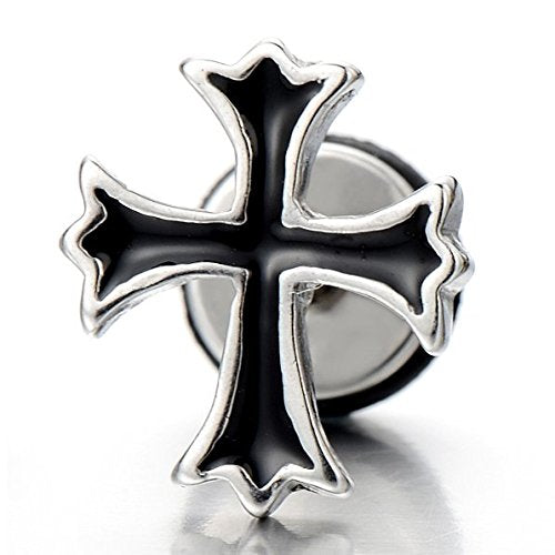 NEW Mens Womens Cross Stud Earrings in Stainless Steel with Black Enamel, Screw Back, 2 Pcs - COOLSTEELANDBEYOND Jewelry