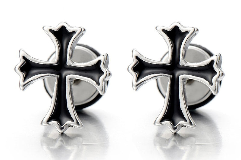 NEW Mens Womens Cross Stud Earrings in Stainless Steel with Black Enamel, Screw Back, 2 Pcs - COOLSTEELANDBEYOND Jewelry