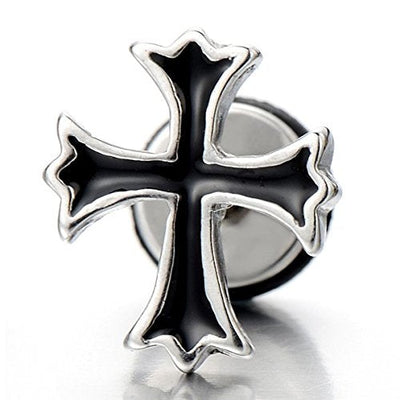 NEW Mens Womens Cross Stud Earrings in Stainless Steel with Black Enamel, Screw Back, 2 Pcs - coolsteelandbeyond