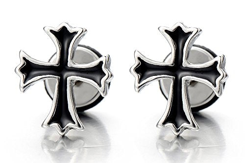 NEW Mens Womens Cross Stud Earrings in Stainless Steel with Black Enamel, Screw Back, 2 Pcs - coolsteelandbeyond