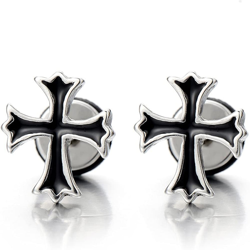 NEW Mens Womens Cross Stud Earrings in Stainless Steel with Black Enamel, Screw Back, 2 Pcs - COOLSTEELANDBEYOND Jewelry