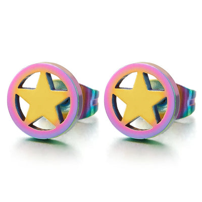 Pair 8MM Rainbow Oxidized Circle Pentagram Star Stainless Steel Stud Earrings for Men and Women - coolsteelandbeyond