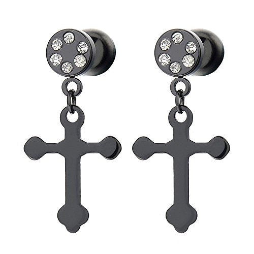 Pair Black Cross Screw Stud Earrings with Cubic Zirconia for Men Women - coolsteelandbeyond