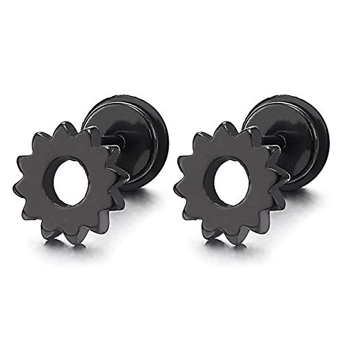 Pair Black Gear Wheel Stud Earrings for Men Women, Stainless Steel, Screw Back - COOLSTEELANDBEYOND Jewelry