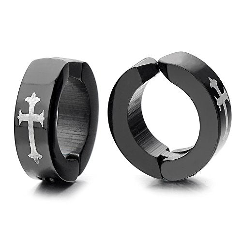 Pair Black Huggie Hinged Hoop Earrings with Cross Non-Piercing Clip On Earrings Unisex Men Women - coolsteelandbeyond