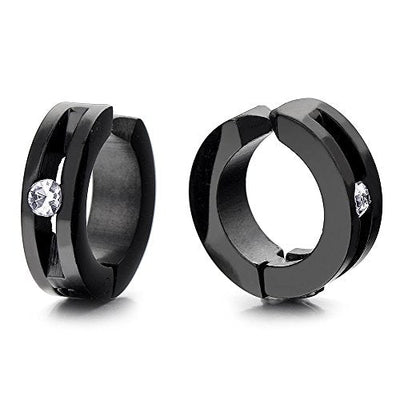 Pair Black Huggie Hinged Hoop Earrings with Cubic Zirconia, Steel Non-Piercing Clip On Earrings Men Women - coolsteelandbeyond