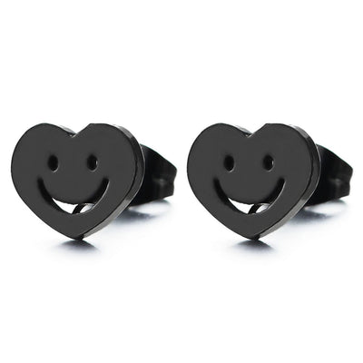 Pair Black Plain Heart Smile Face Stud Earrings Stainless Steel for Women, Screw Back - COOLSTEELANDBEYOND Jewelry