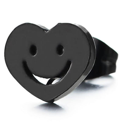Pair Black Plain Heart Smile Face Stud Earrings Stainless Steel for Women, Screw Back - COOLSTEELANDBEYOND Jewelry