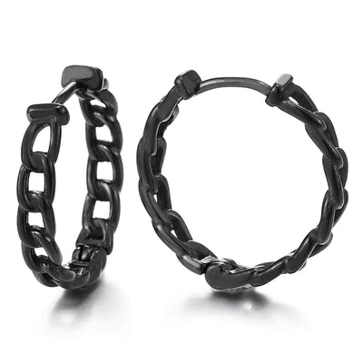 Pair Black Stainless Steel Curb Chain Wreath Huggie Hinged Hoop Earrings Unisex Men Women - COOLSTEELANDBEYOND Jewelry