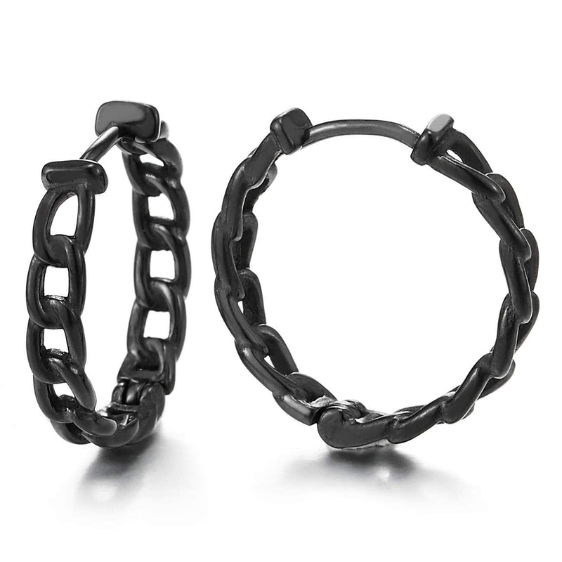Pair Black Stainless Steel Curb Chain Wreath Huggie Hinged Hoop Earrings Unisex Men Women - COOLSTEELANDBEYOND Jewelry