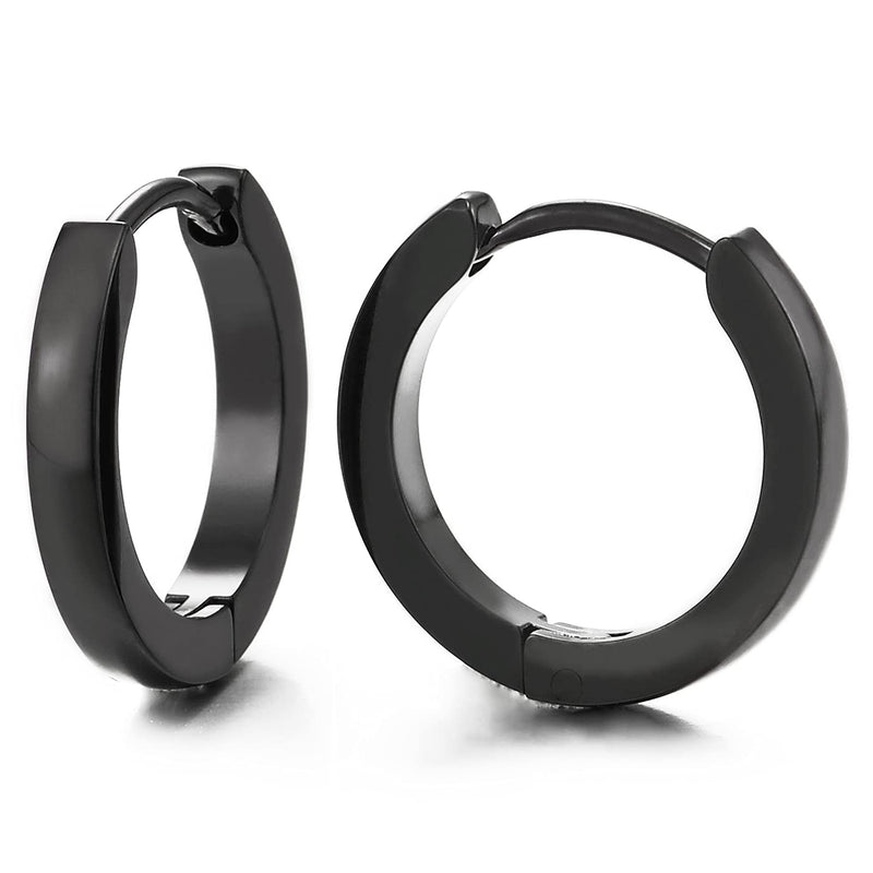 Pair Black Stainless Steel Plain Huggie Hinged Hoop Earrings Unisex Mens Womens - COOLSTEELANDBEYOND Jewelry