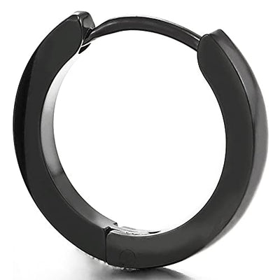 Pair Black Stainless Steel Plain Huggie Hinged Hoop Earrings Unisex Mens Womens - COOLSTEELANDBEYOND Jewelry