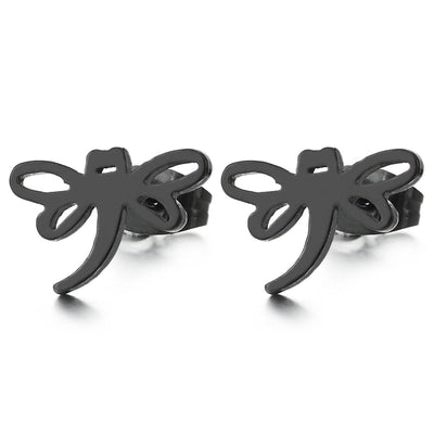 Pair Flat Black Stainless Steel Dragonfly Stud Earrings for Women - COOLSTEELANDBEYOND Jewelry
