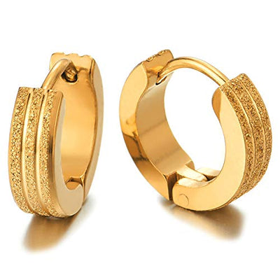 Pair Gold Color Grooved Stripes Huggie Hinged Hoop Earrings, Unisex Men Women, Polished and Satin - coolsteelandbeyond
