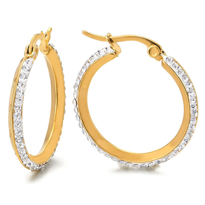 Pair Gold Color Stainless Steel Huggie Hinged Hoop Earrings with Cubic Zirconia - COOLSTEELANDBEYOND Jewelry