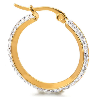 Pair Gold Color Stainless Steel Huggie Hinged Hoop Earrings with Cubic Zirconia - COOLSTEELANDBEYOND Jewelry
