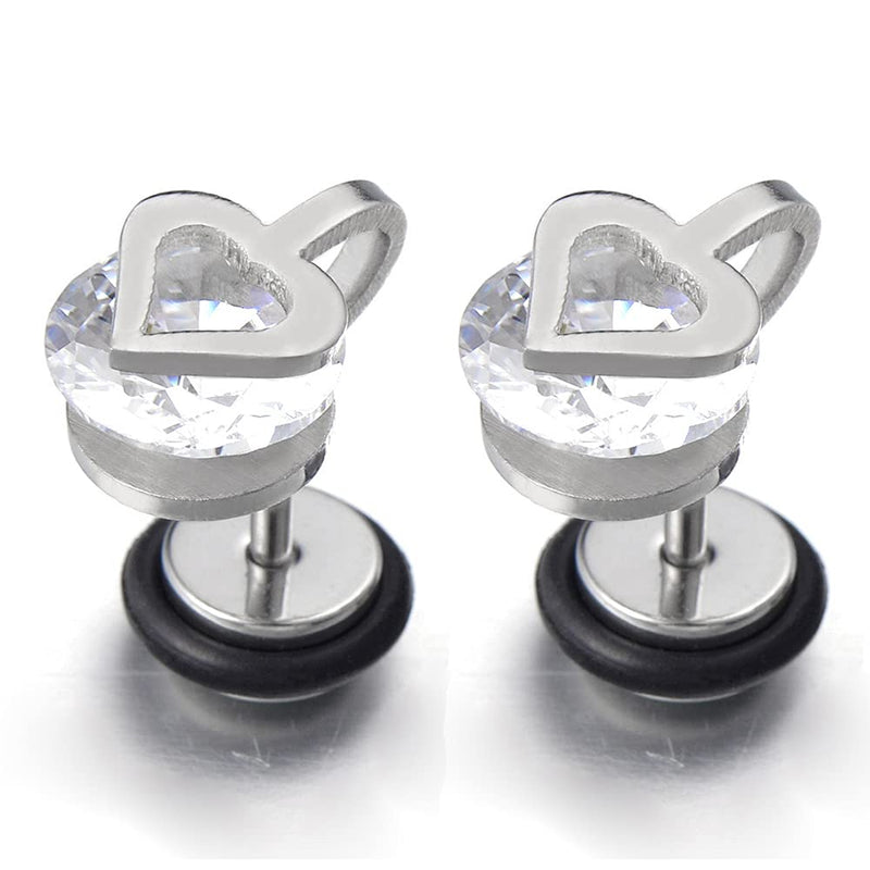 Pair Heart Stud Earrings with Cubic Zirconia, Stainless Steel Screw Back - COOLSTEELANDBEYOND Jewelry