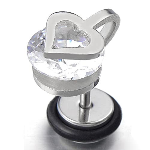 Pair Heart Stud Earrings with Cubic Zirconia, Stainless Steel Screw Back - COOLSTEELANDBEYOND Jewelry